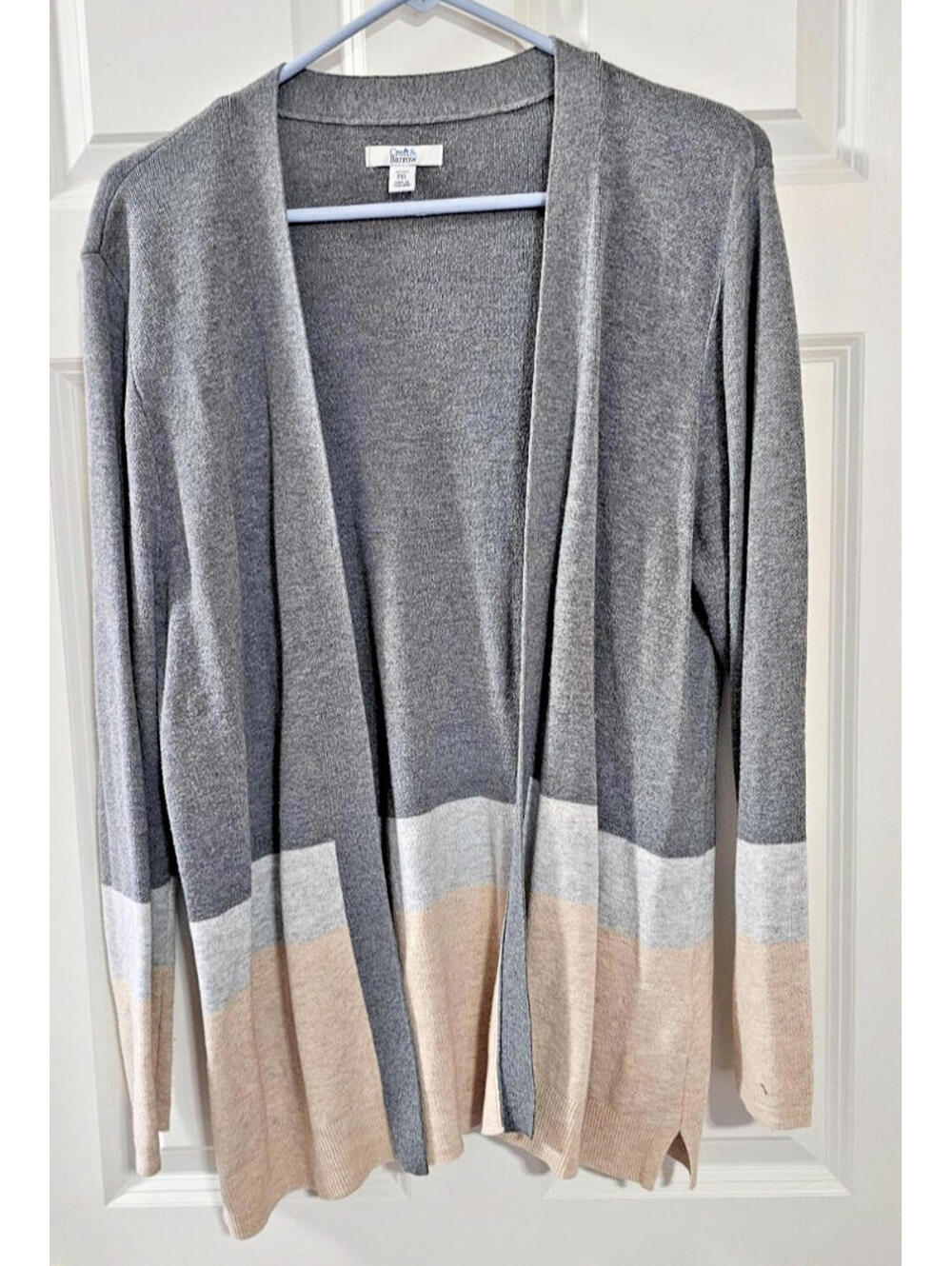 Croft & Barrow Size Large Gray Open Cardigan Sweater Color Block Stripes SZ  PXL